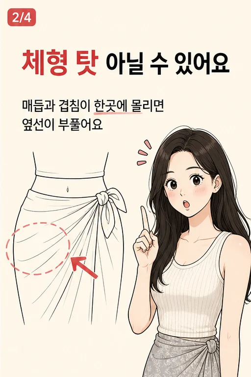 사롱 랩스커트 골반핏, 사진마다 한쪽 배만 튀어나와 보였다면 미미 공감 2컷