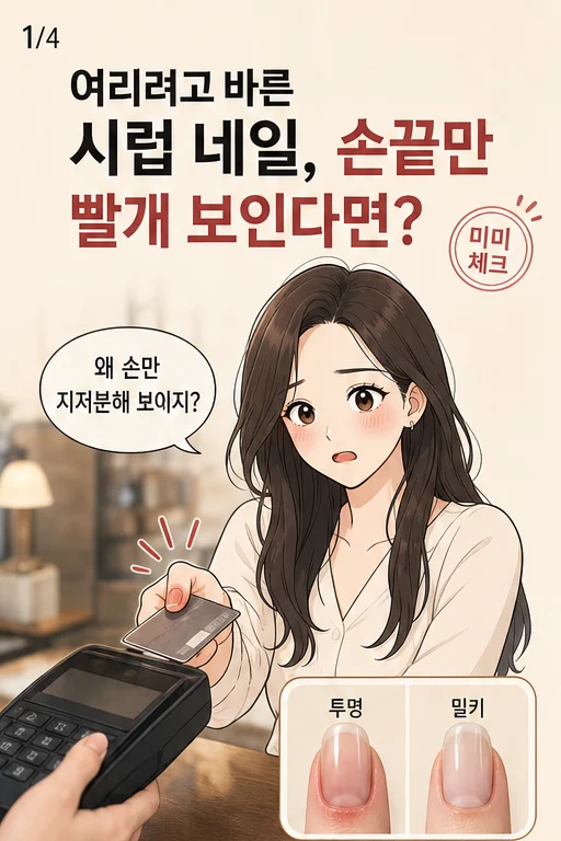 시럽 네일 손끝 붉어 보임, 결제할 때 손만 더 지저분해 보였다면 미미 웹툰 1컷