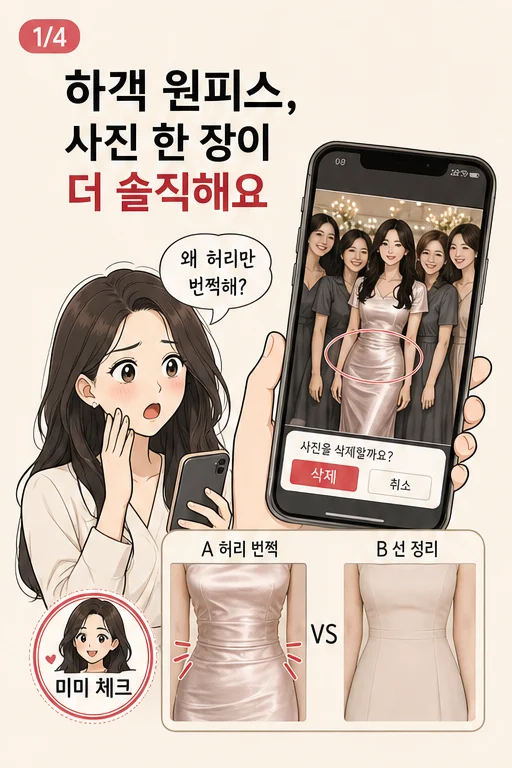 여름 실내 결혼식 하객 원피스, 단체사진에서 새틴 허리 주름만 번쩍여 사진을 지우고 싶다면 미미 웹툰 1컷