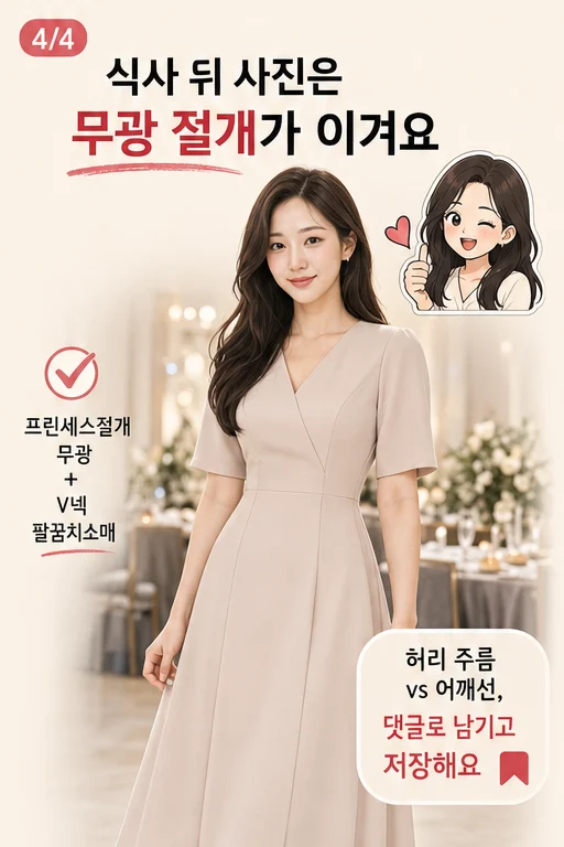 여름 실내 결혼식 하객 원피스, 단체사진에서 새틴 허리 주름만 번쩍여 사진을 지우고 싶다면 실사 미미 결과 4컷