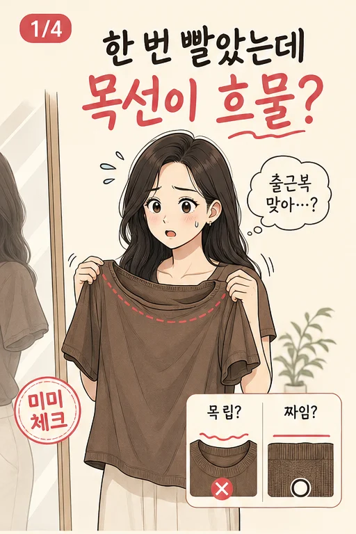 여름 반팔 니트 목 늘어남, 한 번 세탁했는데 출근복이 잠옷처럼 흐물해졌다면 미미 웹툰 1컷