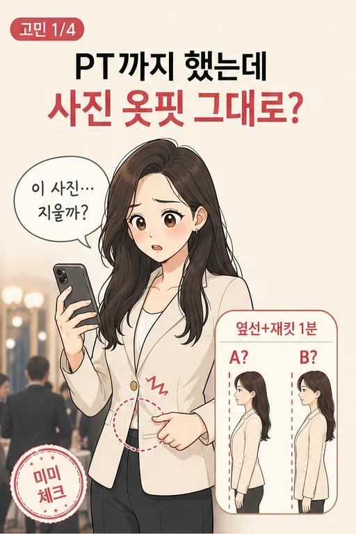 1분 옆모습 옷핏 체크, PT 끊었는데 행사 사진에서 재킷 앞섶과 배 주름이 그대로라 허무하다면 미미 웹툰 1컷