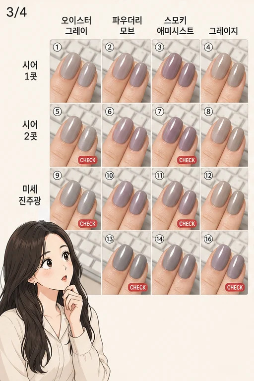 오이스터 그레이 네일 손 칙칙함, 샵 비용 냈는데 키보드 사진에서 손마디와 큐티클만 거뭇해 보인다면 실사 미미 비교 3컷