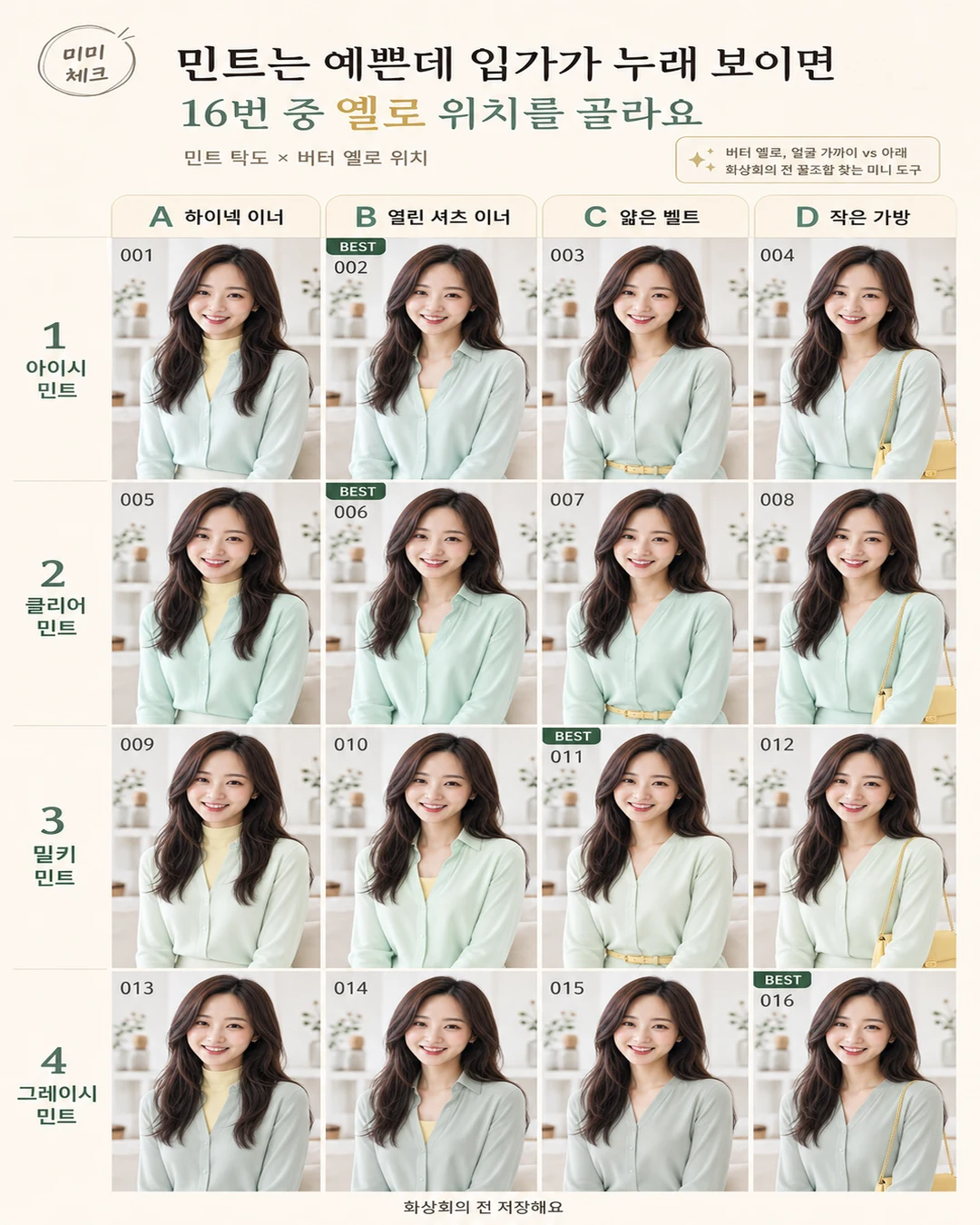 민트 그린 버터 옐로 코디 얼굴 노란기, 예쁜 유행색을 입었는데 화상회의에서 입가만 칙칙해 보인다면 스타일요정 미미 4컷