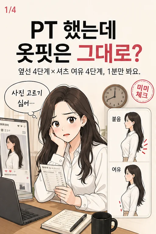1분 셔츠 옆선 자세 체크, PT 끊었는데 프로필 사진에서 등 주름과 앞섶 벌어짐이 그대로라 돈과 시간이 허무하다면 미미 웹툰 1컷