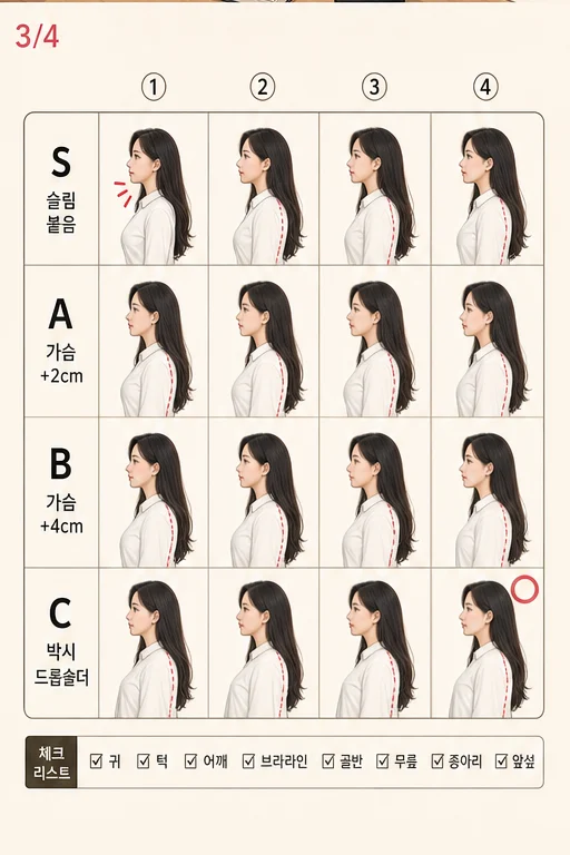 1분 셔츠 옆선 자세 체크, PT 끊었는데 프로필 사진에서 등 주름과 앞섶 벌어짐이 그대로라 돈과 시간이 허무하다면 실사 미미 비교 3컷