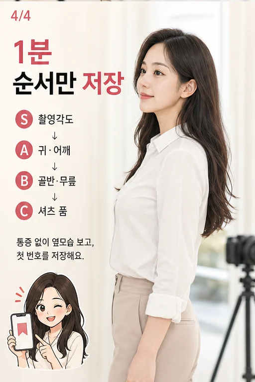 1분 셔츠 옆선 자세 체크, PT 끊었는데 프로필 사진에서 등 주름과 앞섶 벌어짐이 그대로라 돈과 시간이 허무하다면 실사 미미 결과 4컷