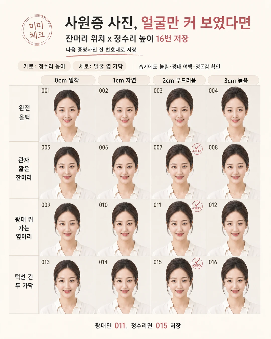 여름 번헤어 얼굴 넓어 보임, 더워서 급히 묶었는데 사원증 사진에서 광대와 정수리만 도드라져 다시 찍고 싶다면 스타일요정 미미 4컷