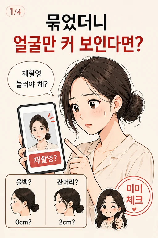 여름 번헤어 얼굴 넓어 보임, 더워서 급히 묶었는데 사원증 사진에서 광대와 정수리만 도드라져 다시 찍고 싶다면 미미 웹툰 1컷