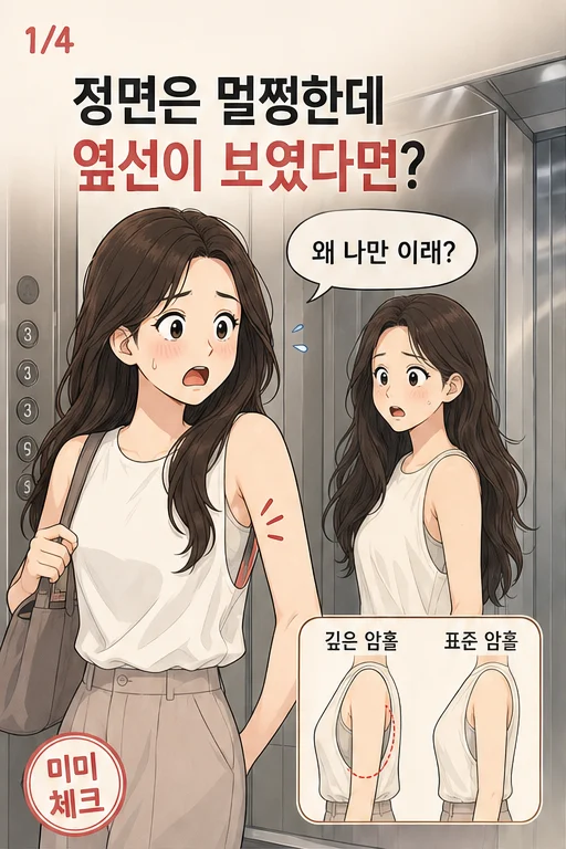 여름 슬리브리스 암홀 속옷 노출, 새 옷 입고 엘리베이터 거울에서 브라가 보여 출근 전에 또 갈아입었다면 미미 웹툰 1컷