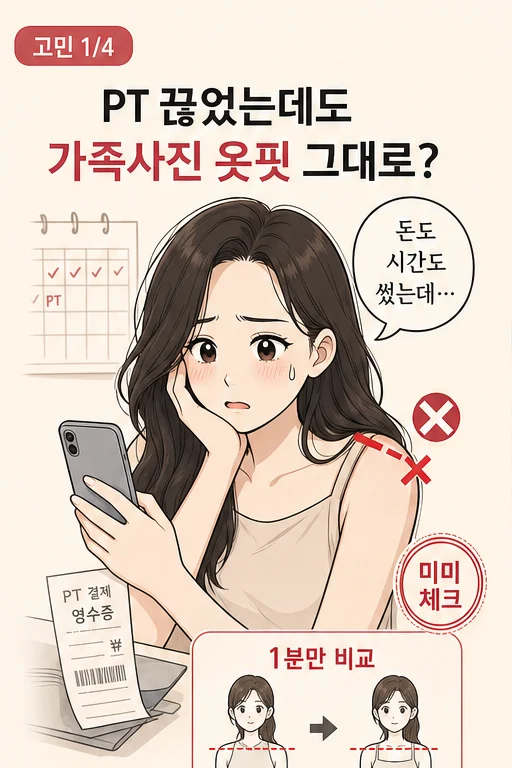 1분 민소매 정면 어깨선 체크, PT 끊었는데 여름 가족사진에서 목은 짧고 어깨끈은 기울어 보여 돈과 시간이 허무하다면 미미 웹툰 1컷