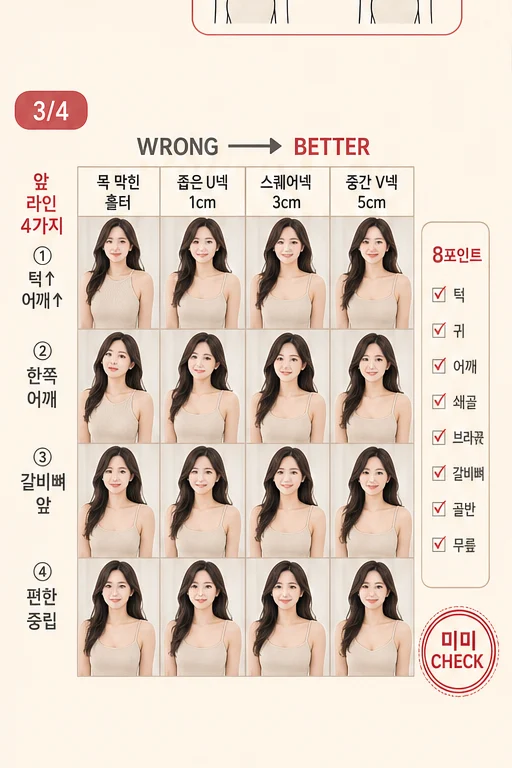 1분 민소매 정면 어깨선 체크, PT 끊었는데 여름 가족사진에서 목은 짧고 어깨끈은 기울어 보여 돈과 시간이 허무하다면 실사 미미 비교 3컷