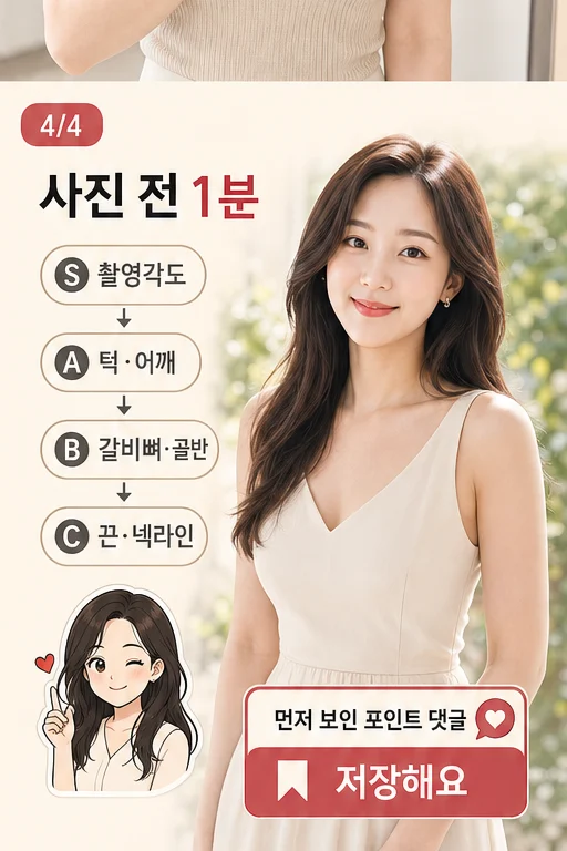 1분 민소매 정면 어깨선 체크, PT 끊었는데 여름 가족사진에서 목은 짧고 어깨끈은 기울어 보여 돈과 시간이 허무하다면 실사 미미 결과 4컷
