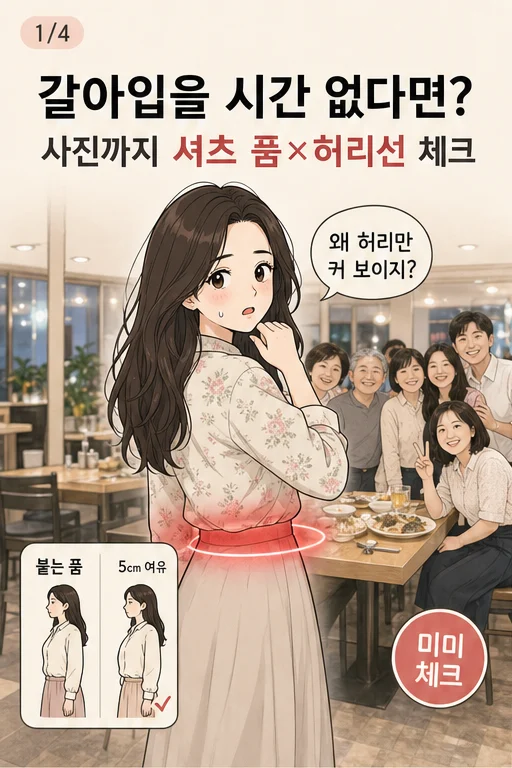 여름 가족모임 맥시스커트 상체 옷핏, 집에 들러 갈아입을 시간 없어 갔는데 단체사진에서 셔츠와 허리 주름만 크게 보인다면 미미 웹툰 1컷