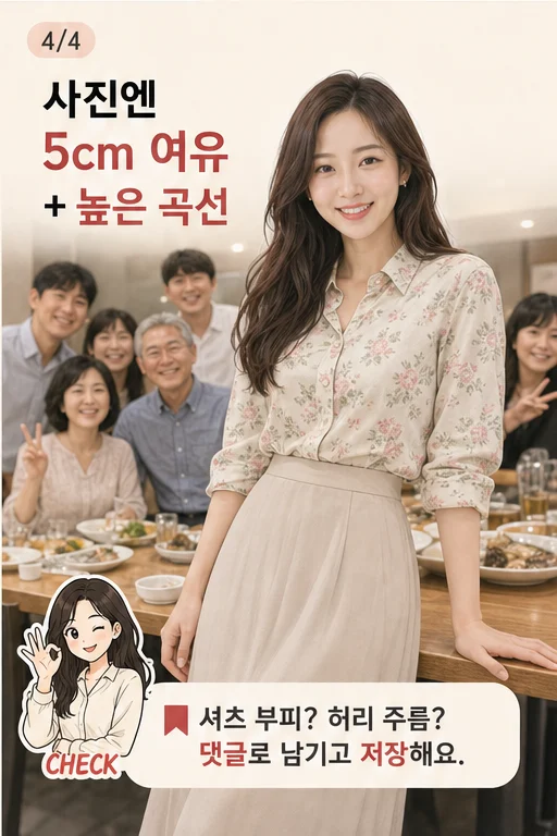 여름 가족모임 맥시스커트 상체 옷핏, 집에 들러 갈아입을 시간 없어 갔는데 단체사진에서 셔츠와 허리 주름만 크게 보인다면 실사 미미 결과 4컷