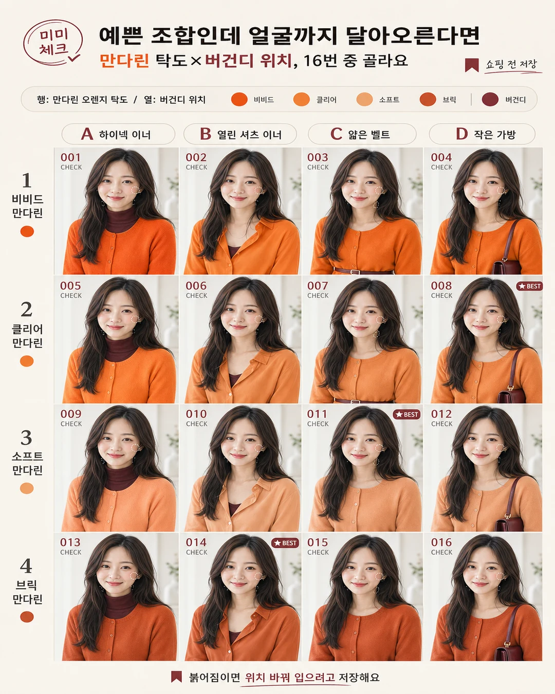 만다린 오렌지 버건디 상의 얼굴 붉은기, 예쁜 2026 조합인데 화상회의에서 볼과 입가가 한꺼번에 달아올라 보인다면 스타일요정 미미 4컷