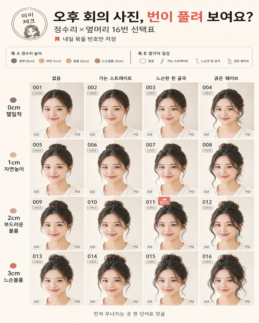 2026 여름 번헤어 잔머리 부스스, 아침엔 세련됐는데 오후 회의 사진에서 정수리와 옆머리만 흐트러져 다시 묶고 싶다면 스타일요정 미미 4컷
