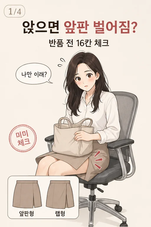 여름 스코트 앞판 벌어짐, 편할 줄 알고 샀는데 회의실에 앉자 속바지가 보여 한 번 입고 손이 안 간다면 미미 웹툰 1컷