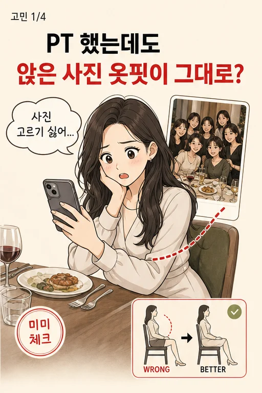 1분 원피스 착석 옆선 체크, PT 끊었는데 동창모임 사진에서 허리선과 무릎 방향이 틀어져 보여 돈과 시간이 허무하다면 미미 웹툰 1컷