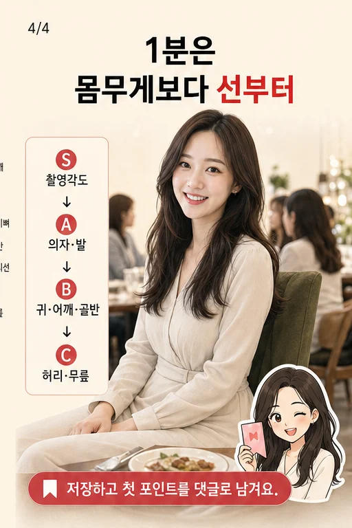 1분 원피스 착석 옆선 체크, PT 끊었는데 동창모임 사진에서 허리선과 무릎 방향이 틀어져 보여 돈과 시간이 허무하다면 실사 미미 결과 4컷