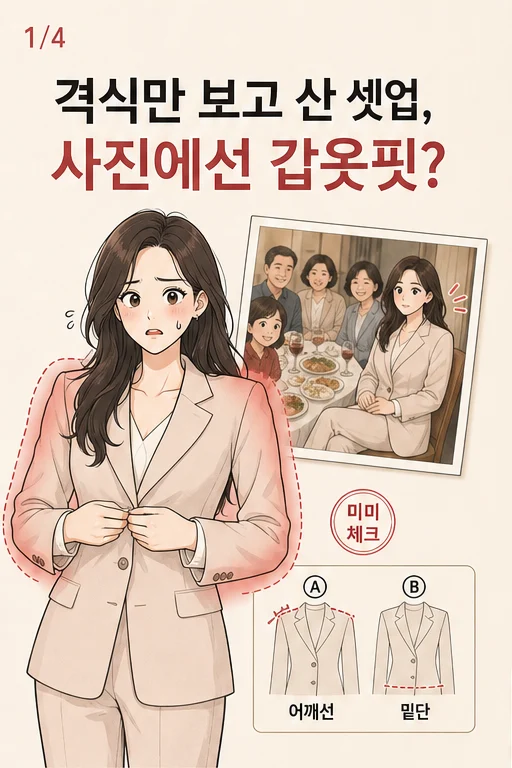 퇴근 후 상견례 여름 셋업 옷핏, 갈아입을 시간 없이 갔는데 가족사진에서 재킷 어깨와 허리만 한 덩어리로 커 보인다면 미미 웹툰 1컷