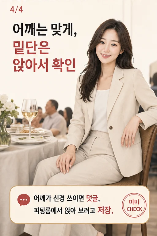 퇴근 후 상견례 여름 셋업 옷핏, 갈아입을 시간 없이 갔는데 가족사진에서 재킷 어깨와 허리만 한 덩어리로 커 보인다면 실사 미미 결과 4컷