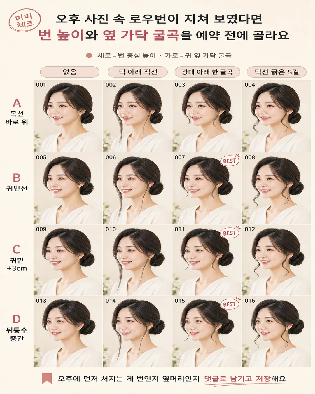2026 여름 로우번 옆머리 처짐, 아침엔 차분했는데 돌잔치 사진에서 귀 옆 가닥과 목선만 축 늘어져 다시 묶고 싶다면 스타일요정 미미 4컷