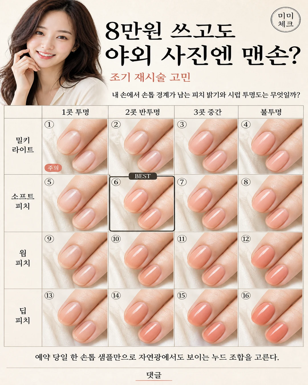 2026 피치 누드 시럽 네일 손톱 경계, 8만원 결제했는데 야외 사진에서 손톱이 사라져 바로 다시 받고 싶다면 스타일요정 미미 4컷